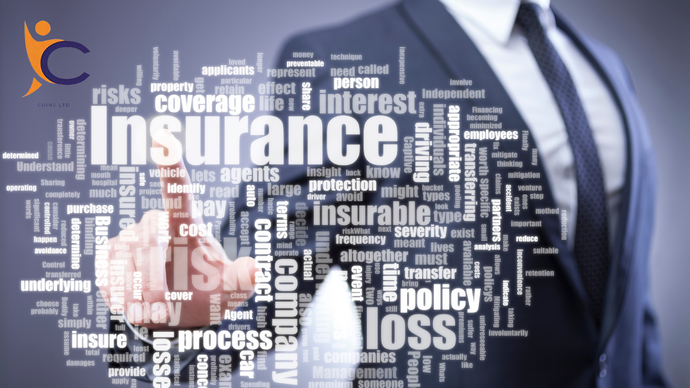 Σύννεφο λέξεων γύρω από τη λέξη Insurance, με το σήμα της COINS